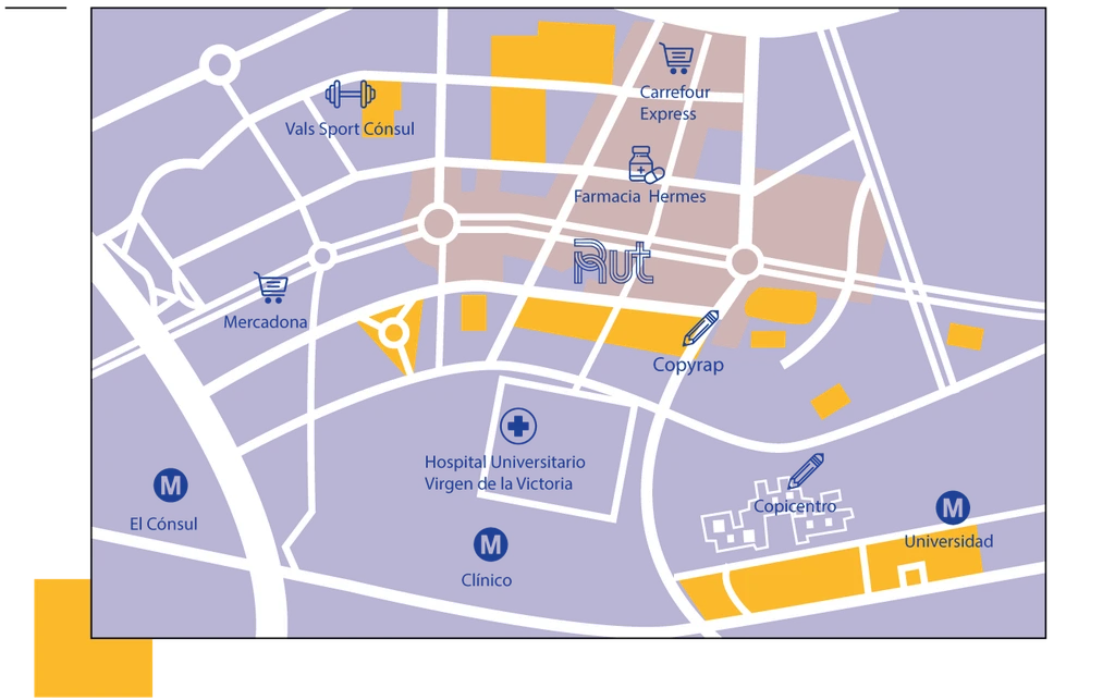 Mapa de los establecimientos y servicios cercanos a la residencia universitaria en Teatinos